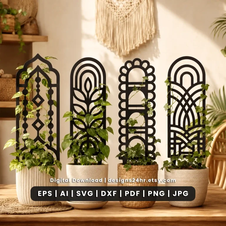 20 boho plant trellis SVG designs for laser cut houseplant stakes