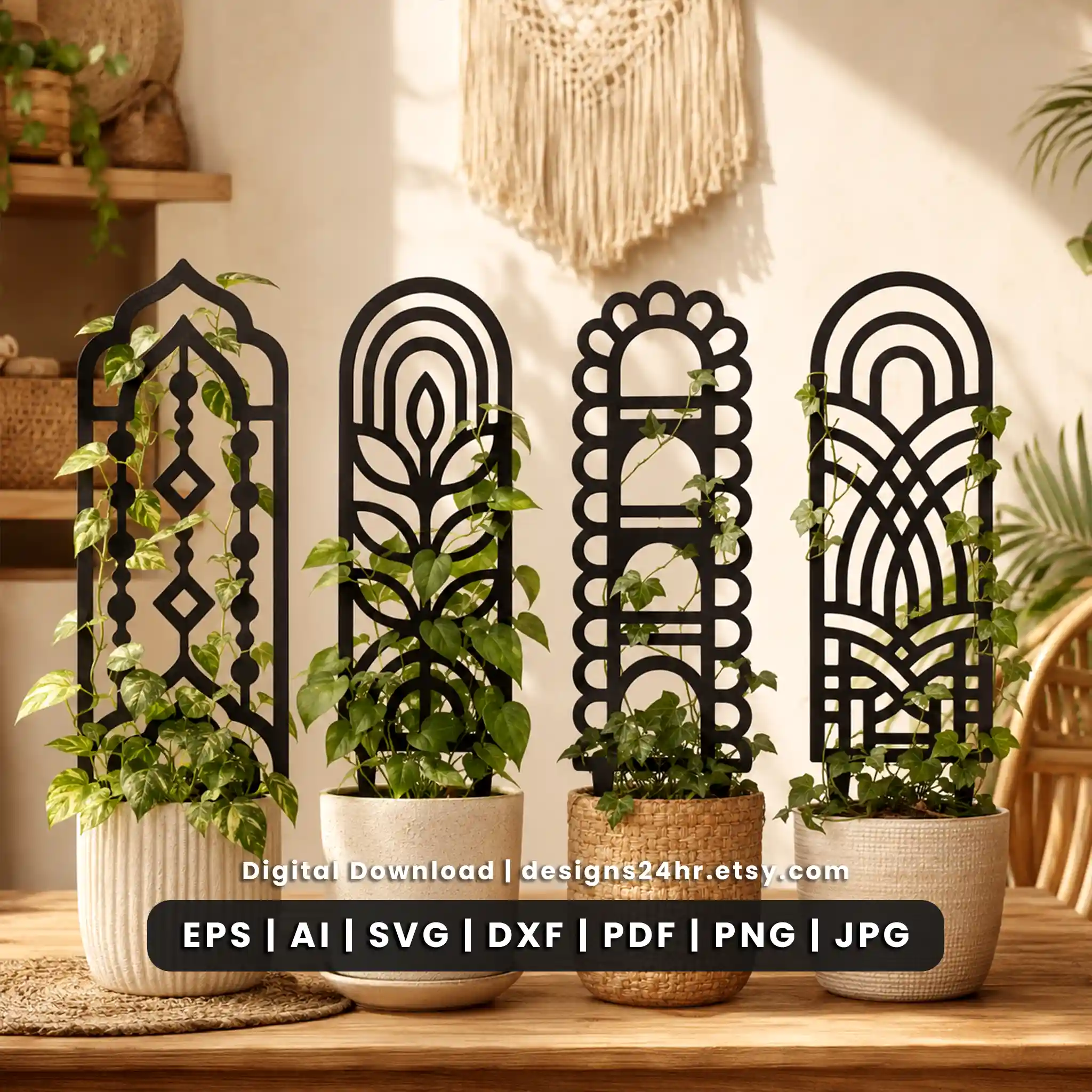20 boho plant trellis SVG designs for laser cut houseplant stakes