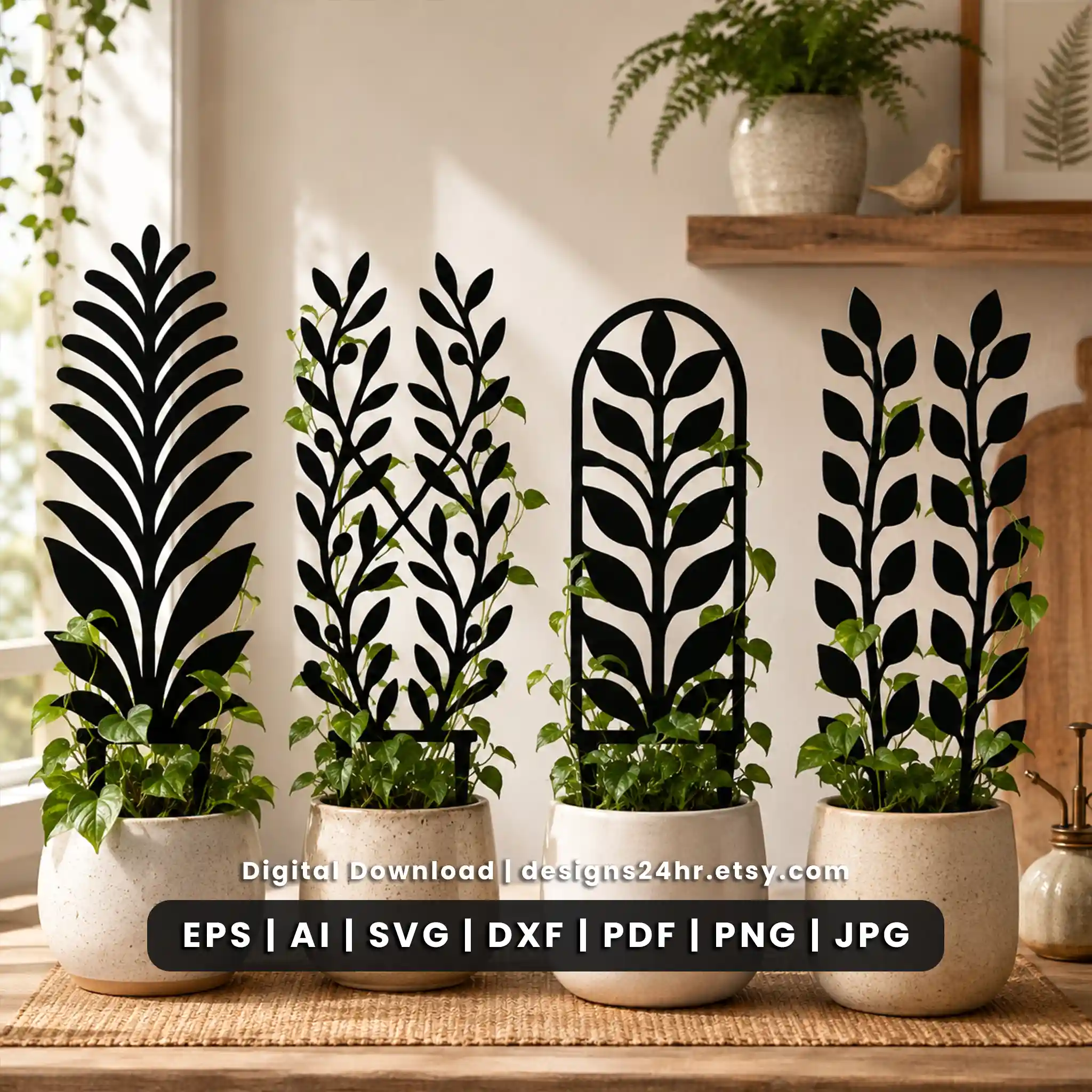 20 botanical leaf trellis SVG designs for laser cut plant stakes