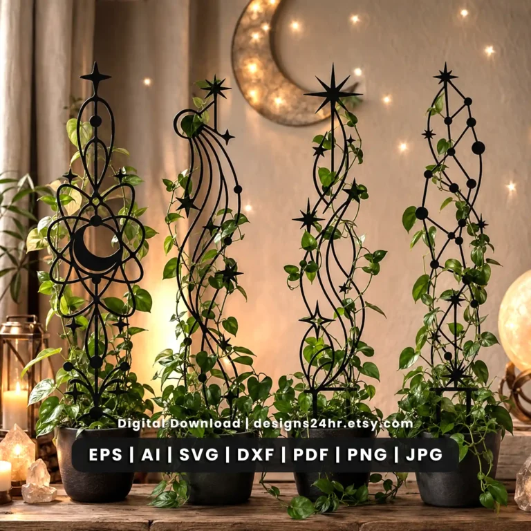 20 celestial plant trellis SVG designs for laser cut plant stakes