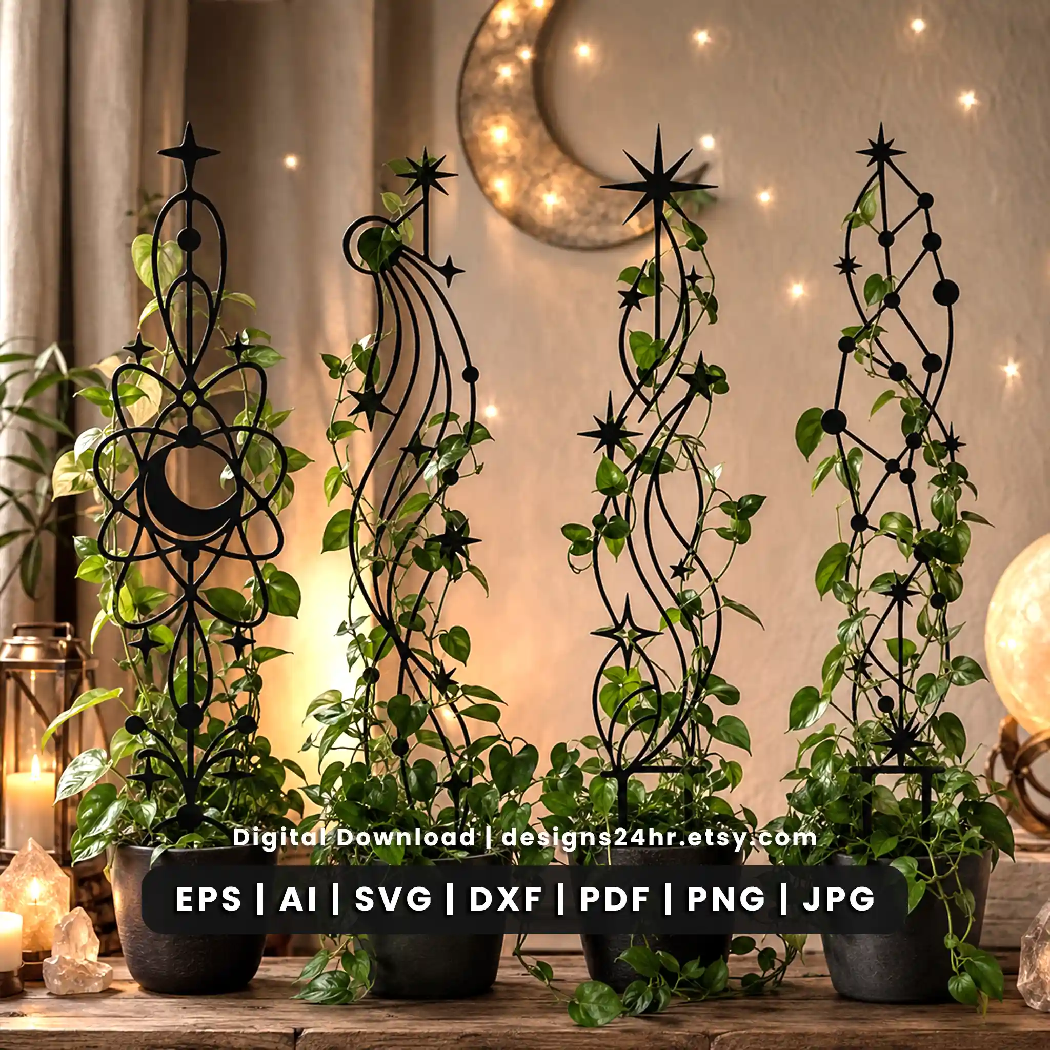 20 celestial plant trellis SVG designs for laser cut plant stakes