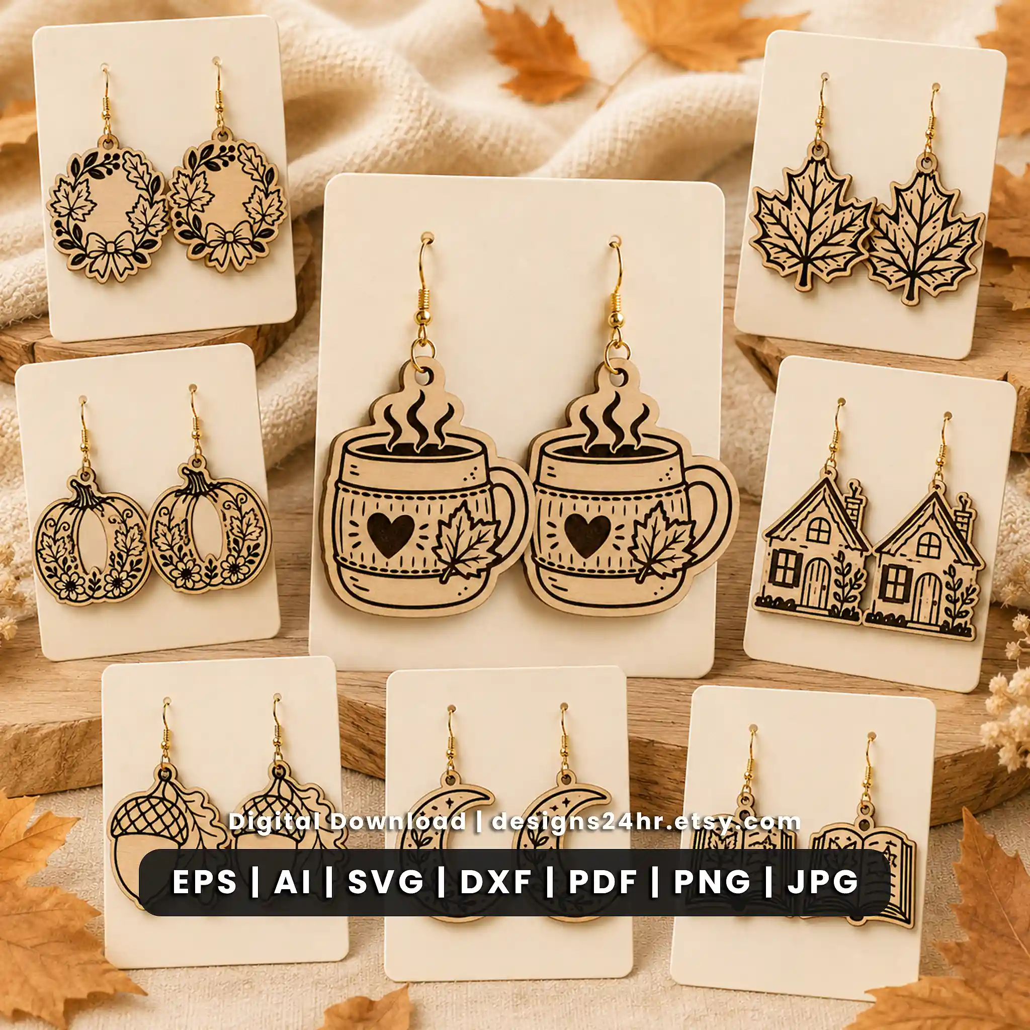 12 fall earrings SVG bundle for laser cutting and engraving