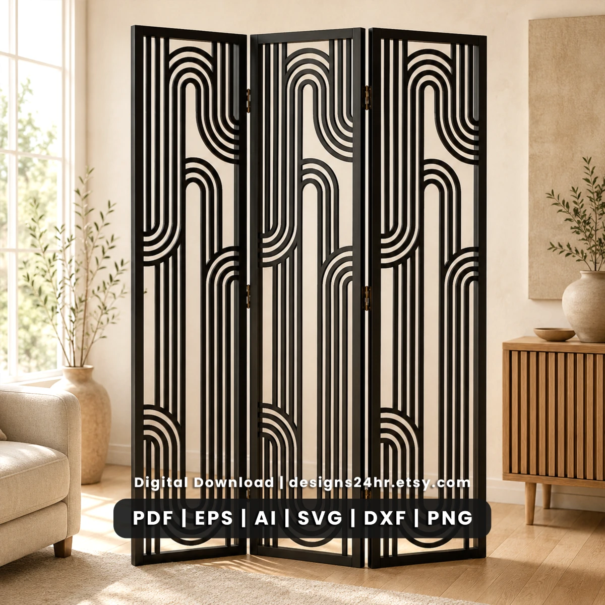 20 modern three-panel room divider SVG designs with geometric laser cut panels