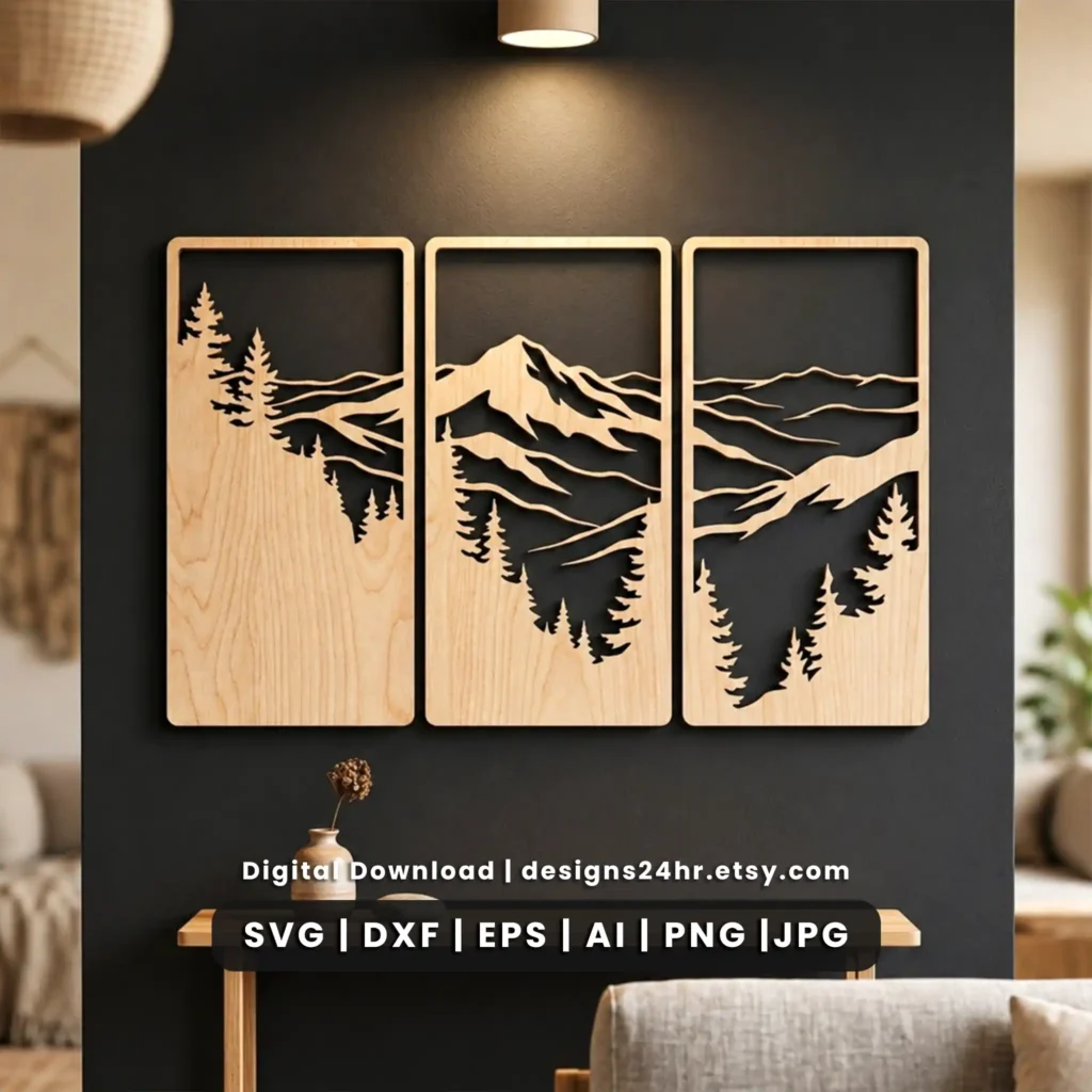 Mountain triptych SVG showing three laser cut landscape panels with pine trees and layered mountain ridges