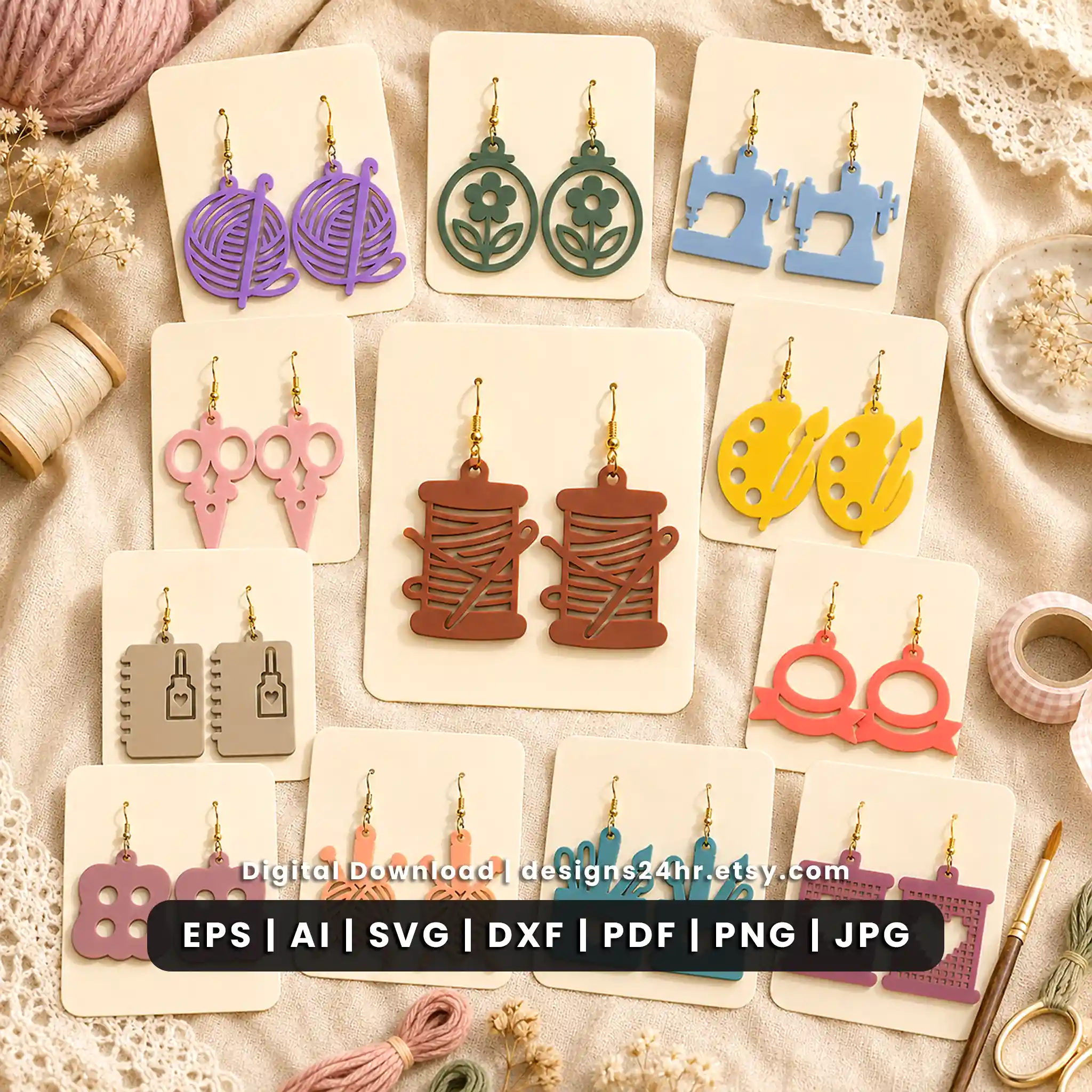 12 craft earrings SVG bundle for sewing crochet and knitting laser cutting