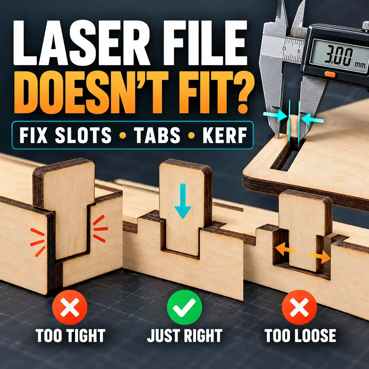 Laser cut slots and tabs being adjusted for material thickness and kerf