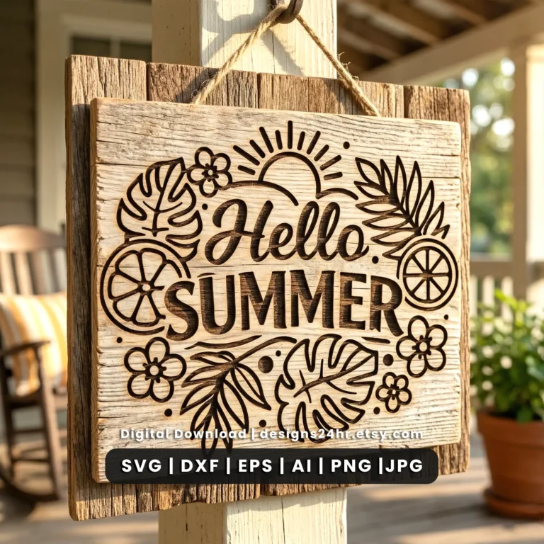Hello Summer door hanger SVG with tropical leaves, flowers and citrus details