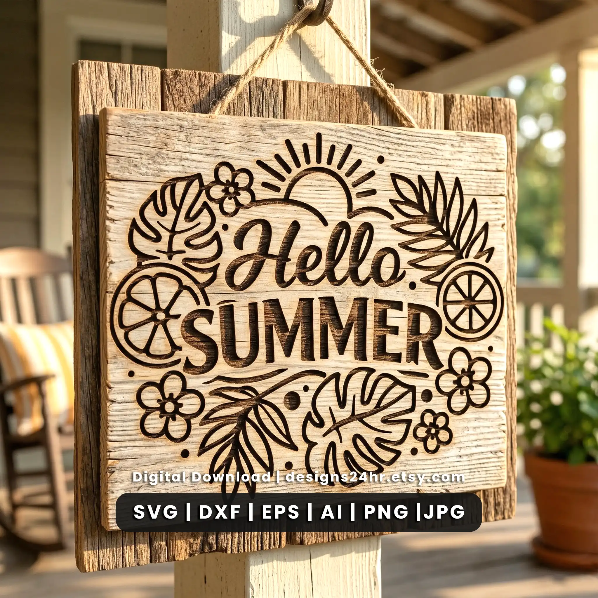 Hello Summer door hanger SVG with tropical leaves, flowers and citrus details